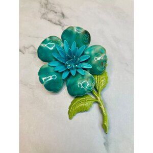 Vintage Blue Green Enamel Flower Brooch Pin -272